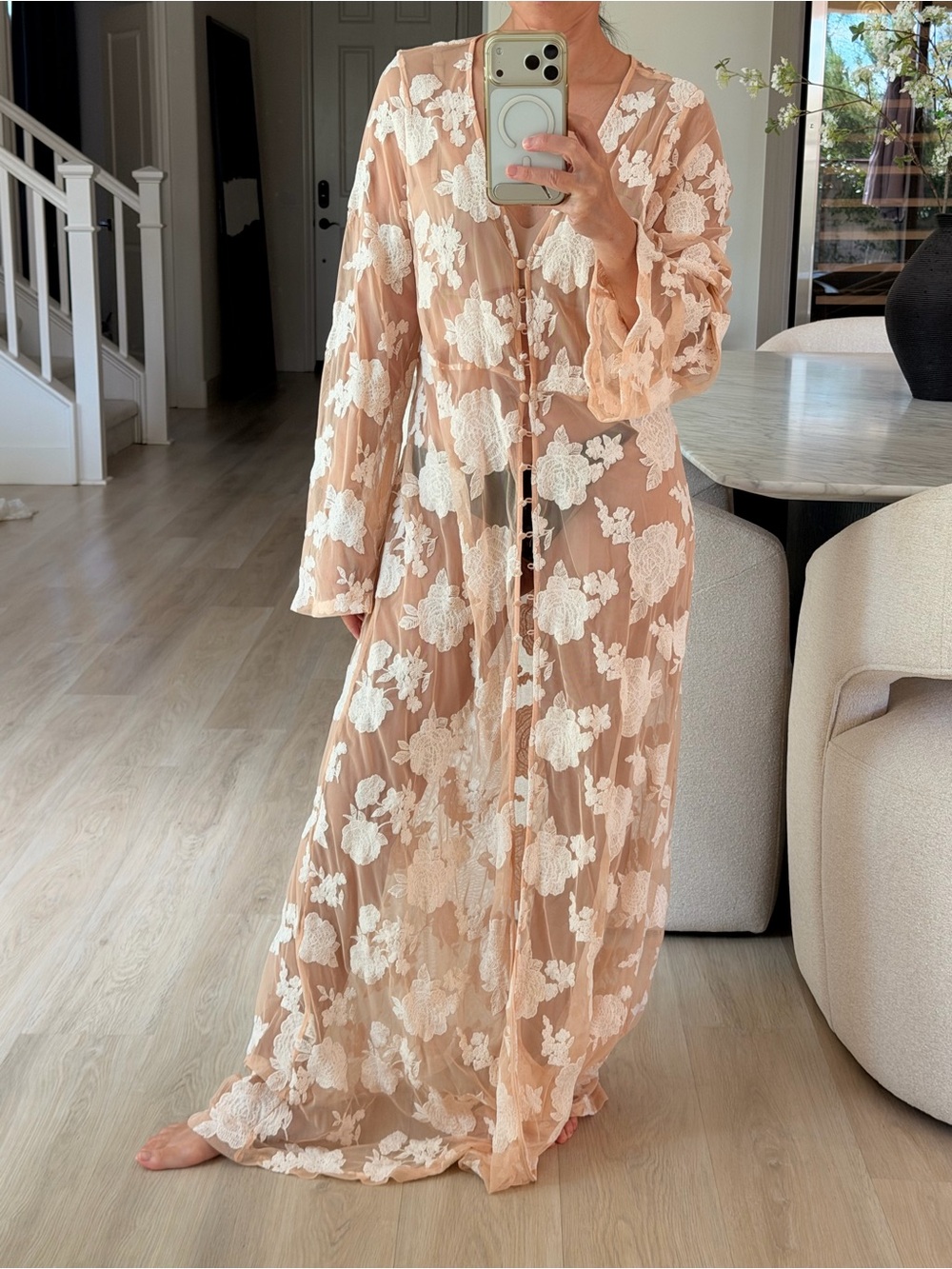 Sheer Floral Lace Long Swim cover up - Blush Cream